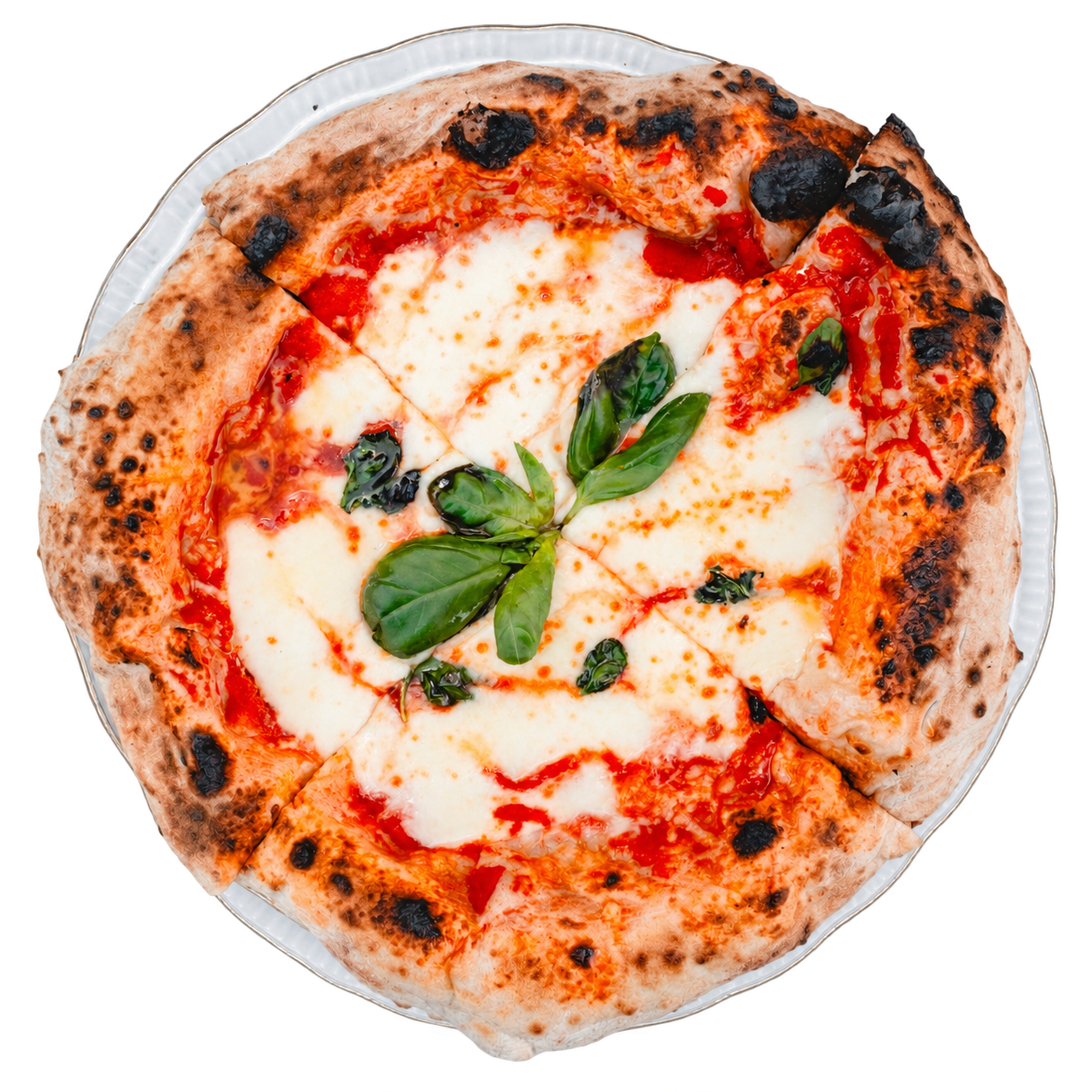 Pizza Margarita de Connie Pizza al Forno, vista desde arriba.